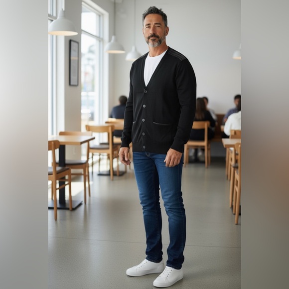 John Varvatos Men's Black Silk V-Neck Knit Cardigan with Leather Trim - Picture 10 of 10